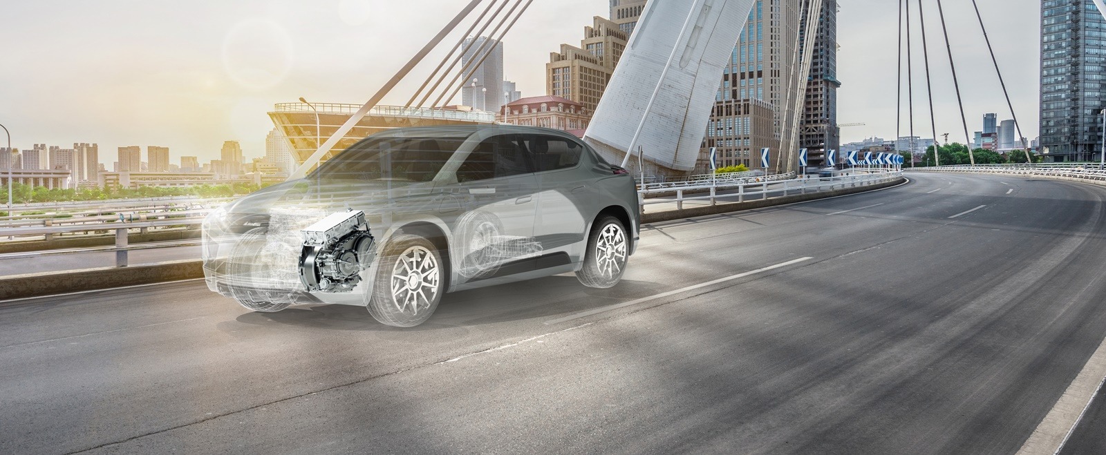 Hybrid SUV with transparent body showing dual-clutch transmission system while driving across a modern city bridge