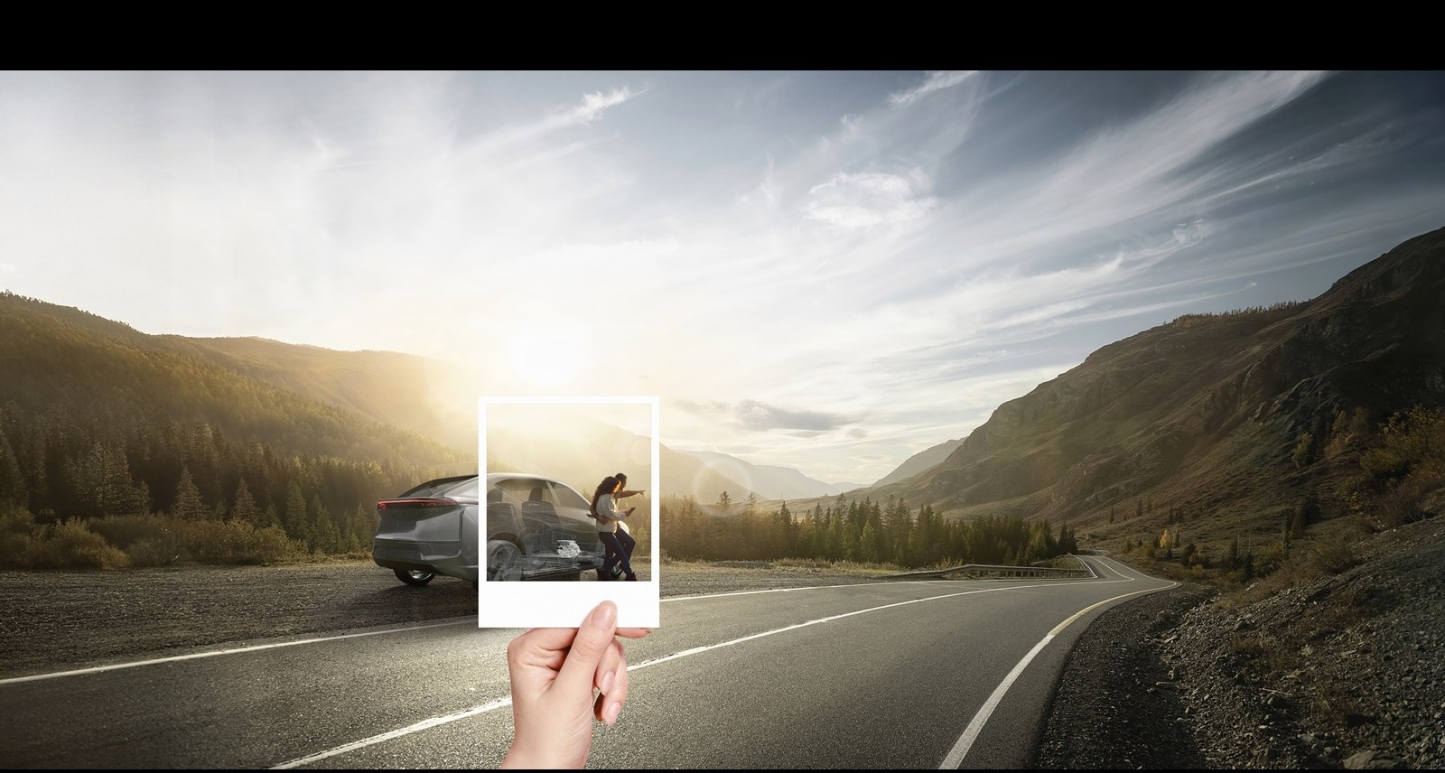 EV partnership campaign visual with car on scenic road and overlay photo of two people