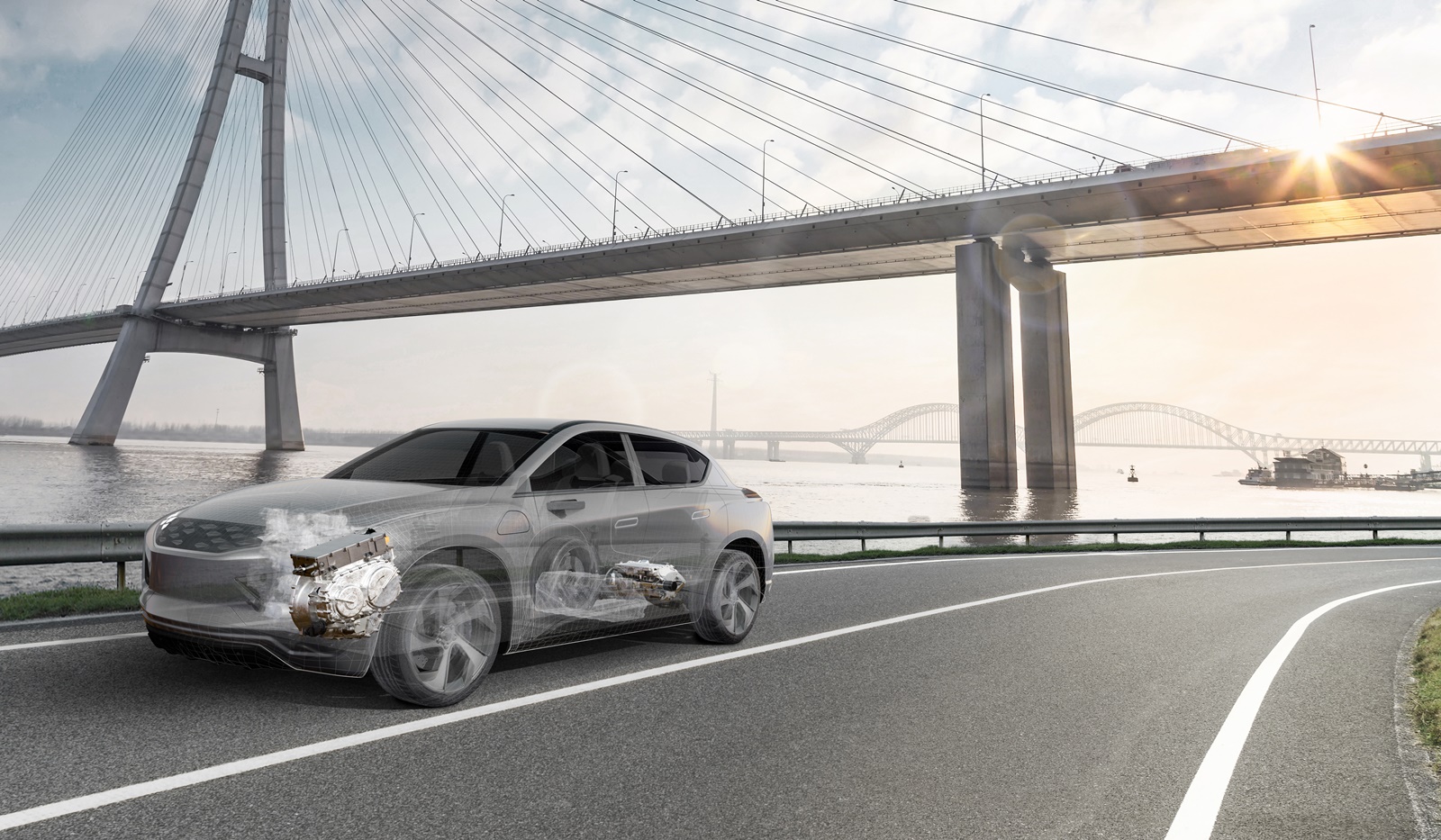 Hybrid vehicle illustration showing internal powertrain components while driving on a road near a bridge