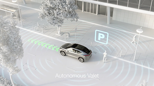 Animated person using autonomous valet to park vehicle