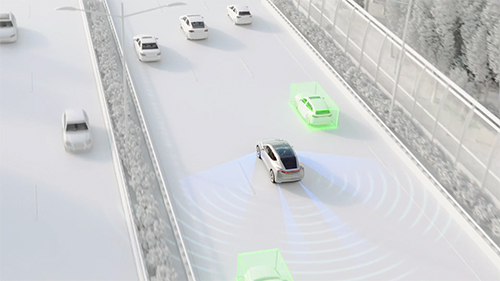 Animated vehicle driving along a highway using blind spot detection technology