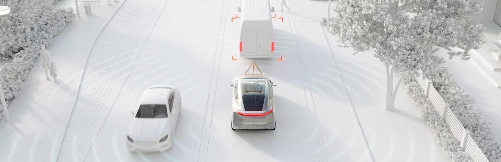 A depiction of an autonomous vehicle driving on a snowy road alongside another car and a delivery van.