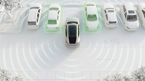 Animated vehicle reversing from a parking spot using cross traffic alert to make sure the are behind is clear