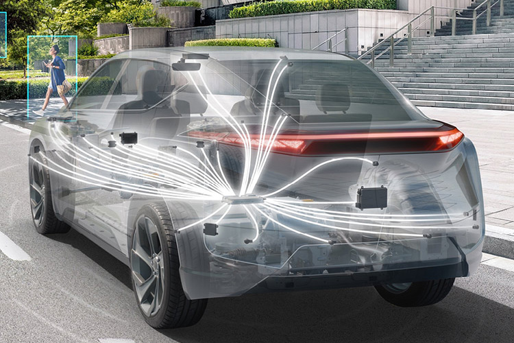 Ghosted grey vehicle driving along a road showing all of the ADAS sensors