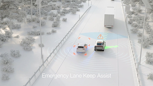 Animated vehicle driving along a road using emergency lane keep assist to prevent a collision