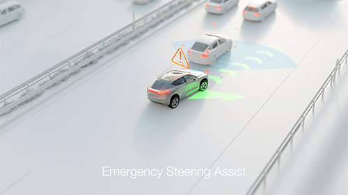 Animated vehicle driving along a highway using emergency steering assist to avoid an accident
