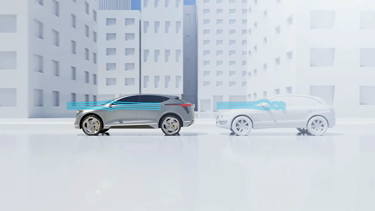 Animation of two vehicles driving along a highway illustrating the aerodynamics of the Exfinity outside mirror versus a regular outside mirror