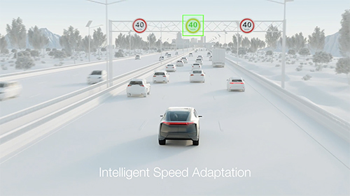 Animated vehicle driving along a highway using intelligent speed adaptation to adjust to change in speed limit
