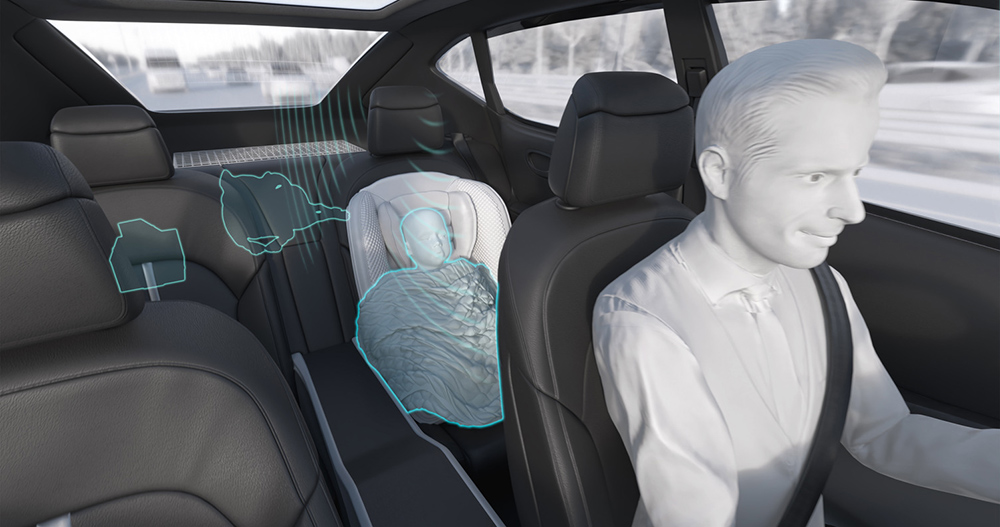 Animated people sitting in a vehicle illustrating interior sensing system