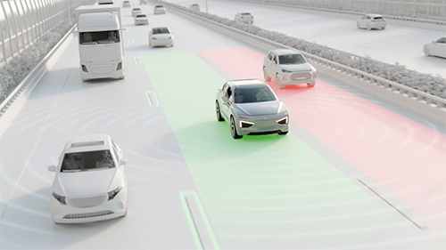 Animated vehicle driving along a busy highway using lane keeping assist