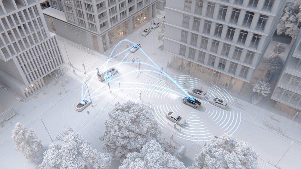 Animation showing a how a vehicle is connected with other vehicles with ADAS capabilities while driving in a city
