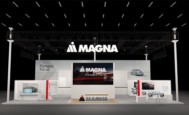 Front view of Magna Booth highlighting innovative products at 2025 Shanghai Auto Show