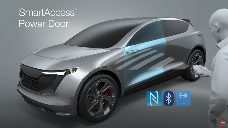 Picture of a car with a person using mobile phone to activate the SmartAccess Power Door