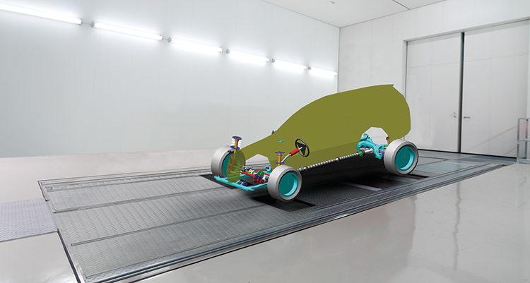 Rear view of grey vehicle taillights on with fog in background