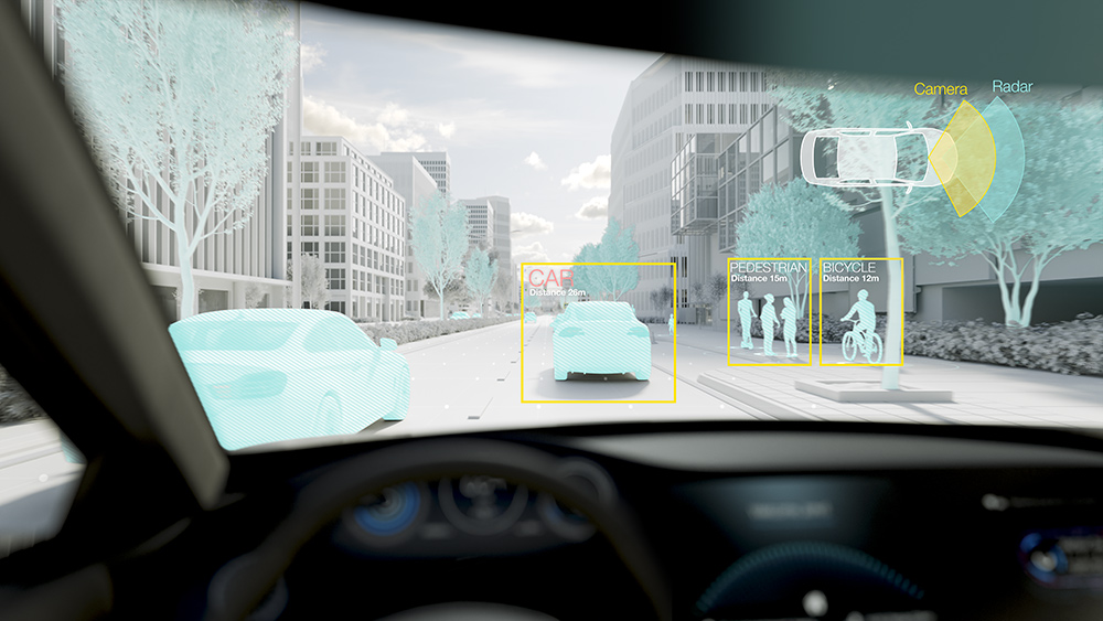 Radar and camera technology indicating obstacles while a vehicle is driving along a road