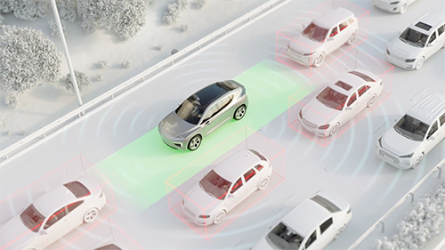 Animated vehicle using traffic jam assist while driving along a highway