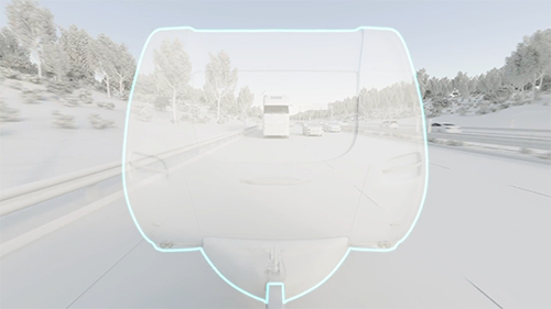 Animated vehicle pulling a trailer along a highway using trailer see through technology to see the traffic behind