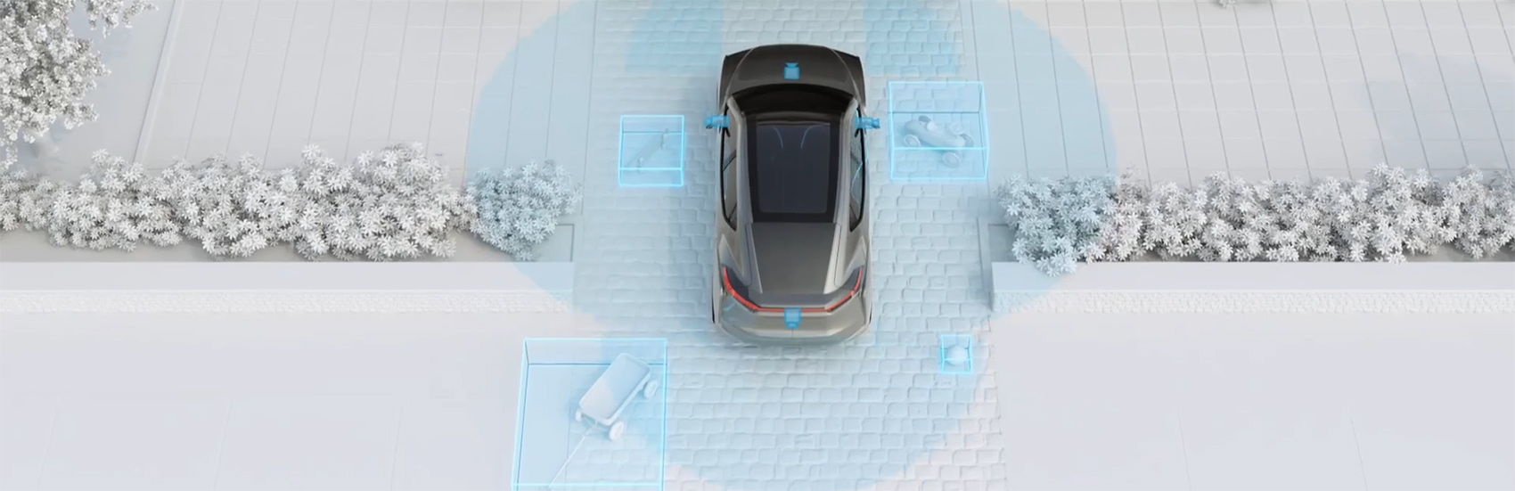 Vehicle pulling into a driveway with sensors engaged to detect objects