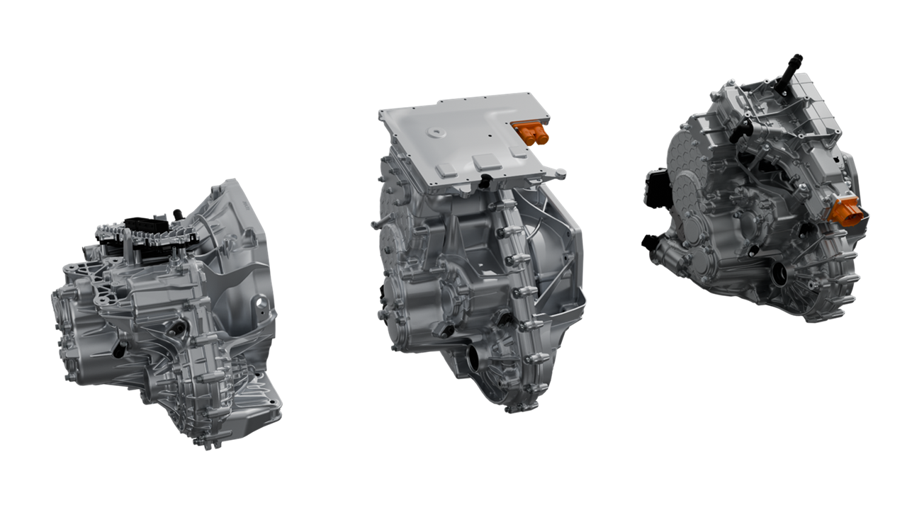 Three advanced Eco Family transmissions for hybrid and electric vehicles, highlighting Magna’s scalable and efficient powertrain solutions