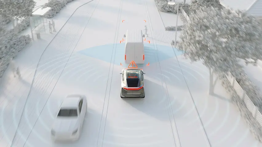 Illustration of car forward collision warning system detecting a truck ahead