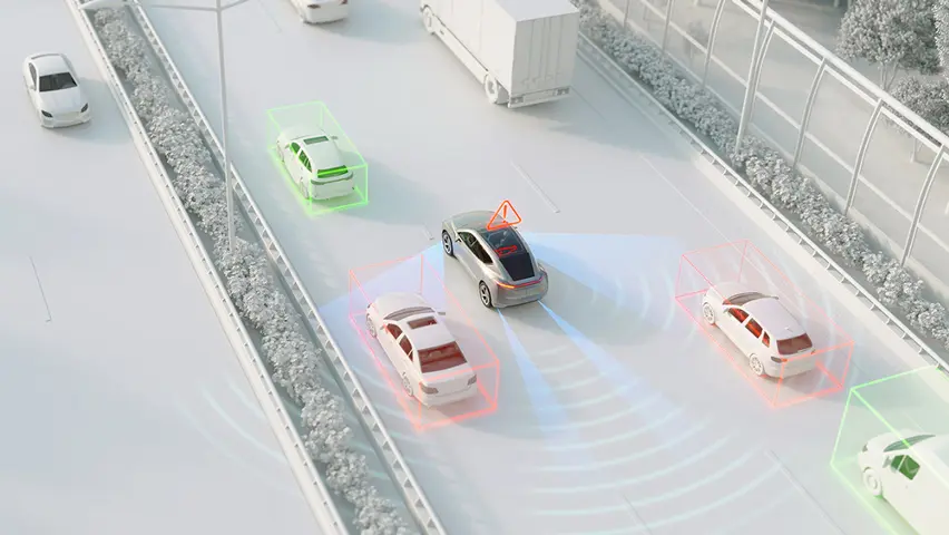 Illustration of autonomous driving car detecting surrounding vehicles with sensor visualization on a highway
