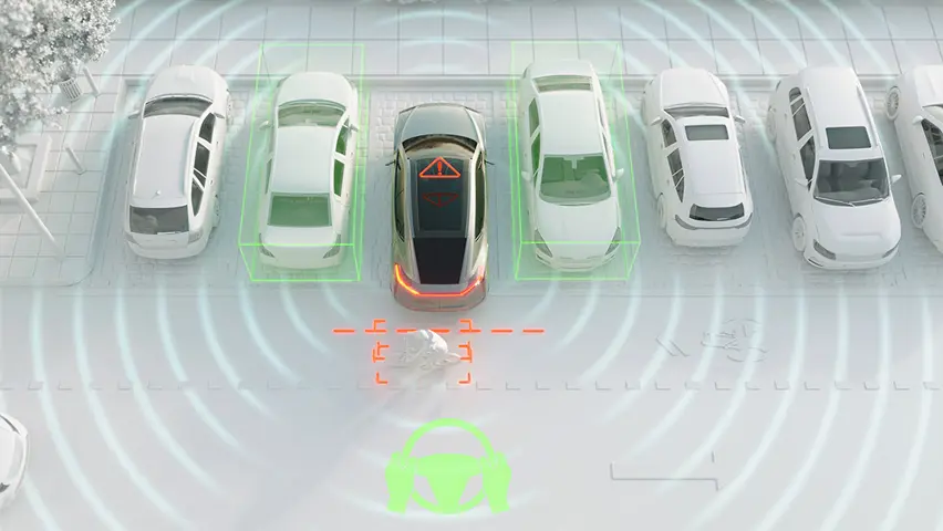 Illustration of car using parking assist system with sensors detecting nearby vehicles and obstacles