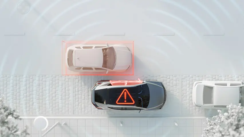 Illustration of car collision warning system detecting a vehicle ahead