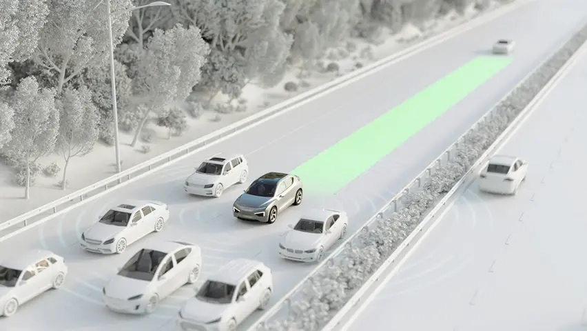 Illustration of car using highway assist system with sensors monitoring traffic and lane ahead